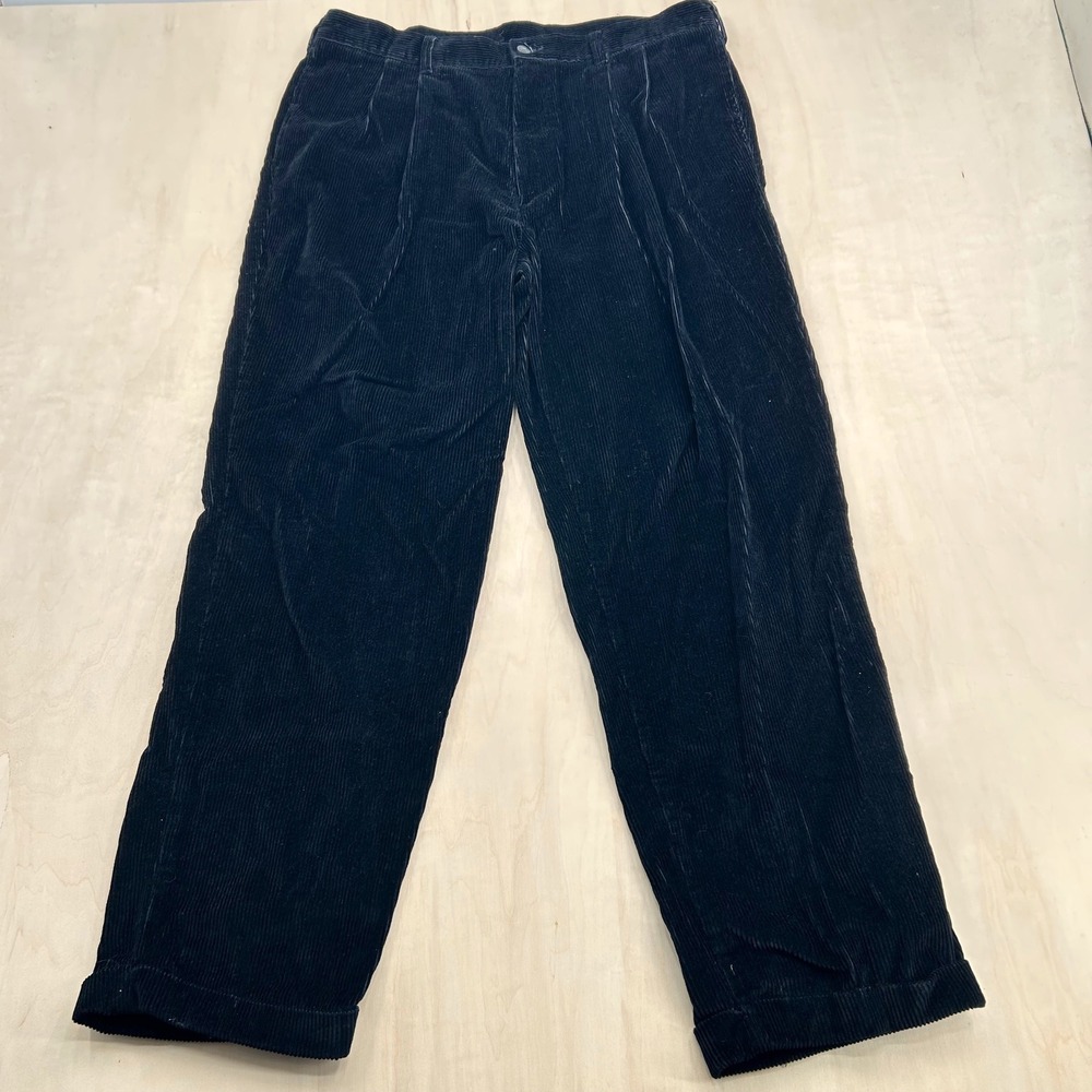 Y2K Mens Croft & Barrow Preppy Pleated Corduroy Trousers 36x30 Midnight Blue